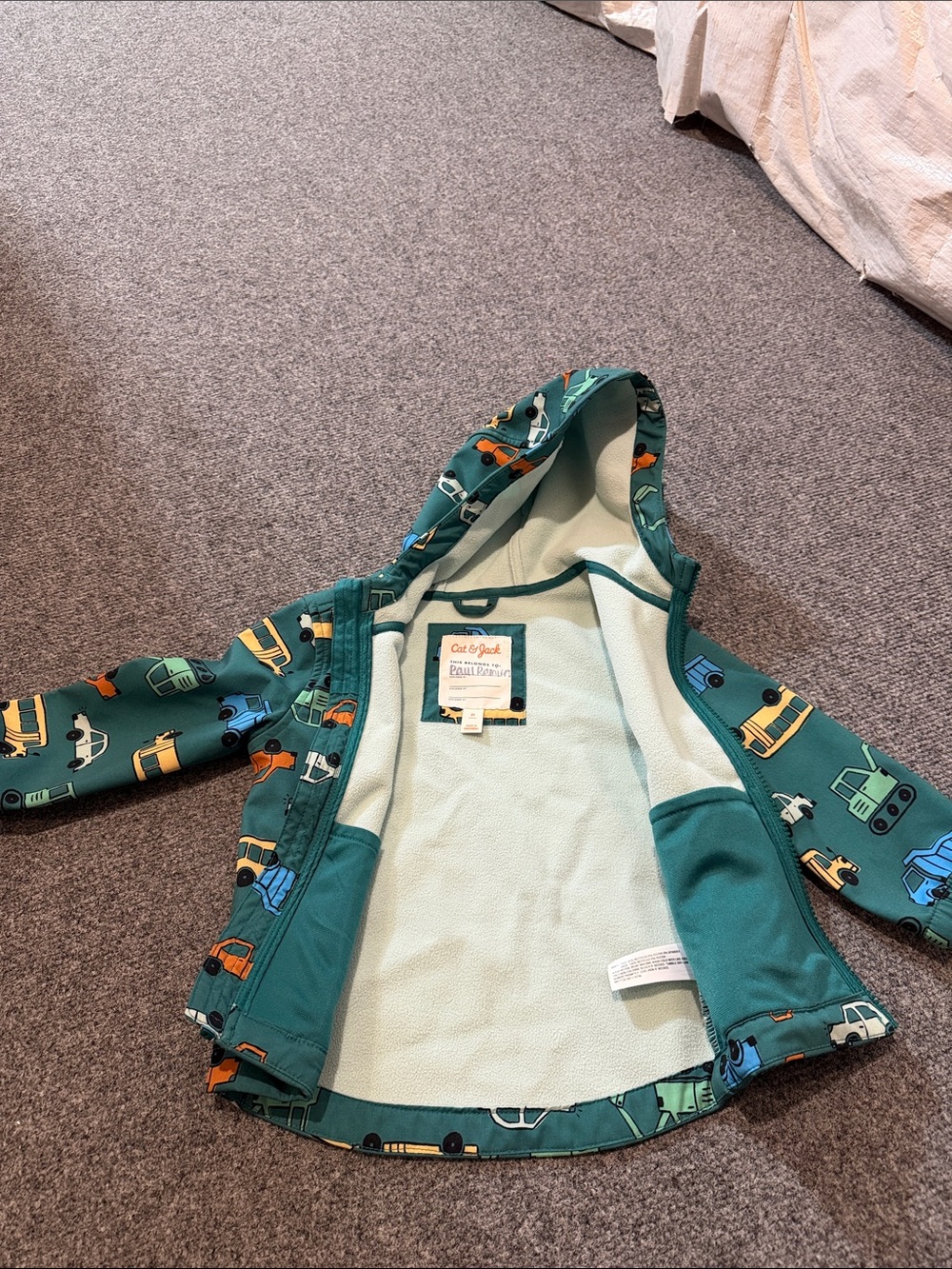 Cat & Jack Teal Hooded Kids' Rain Jacket with Vehicle Print